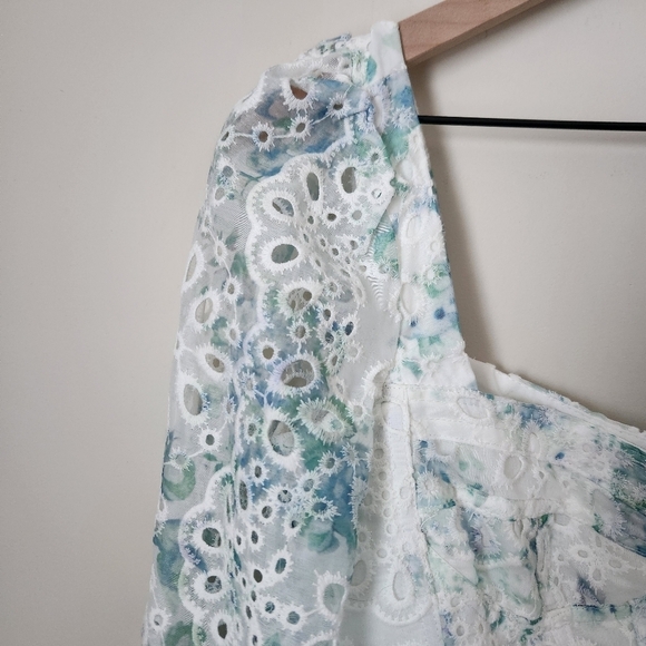 Bardot | Lila Flounce Eyelet Long Sleeve Mini Dress in Water Floral - Sz L/US 8 - Picture 6 of 13